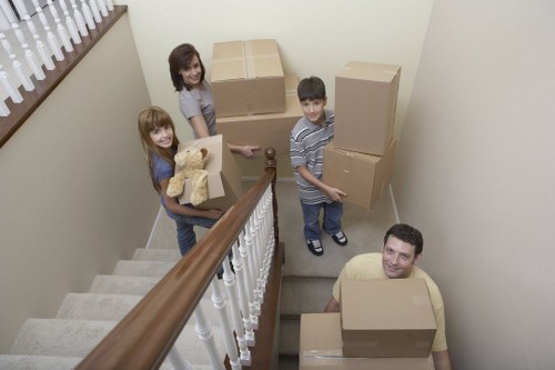 Packed office boxes and furniture ready for relocation in central London